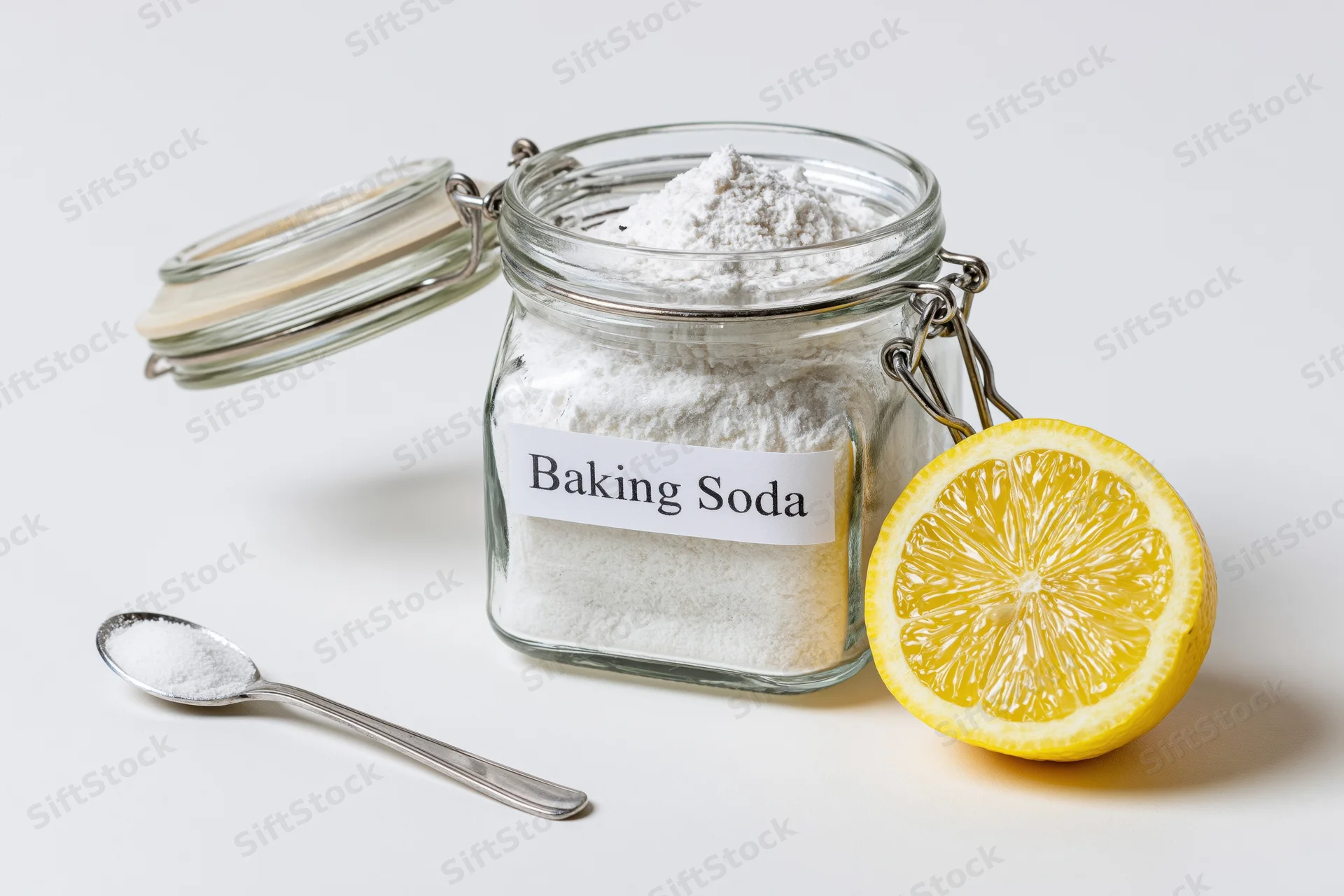 Baking soda in a glass jar with a lemon half and spoon on white background