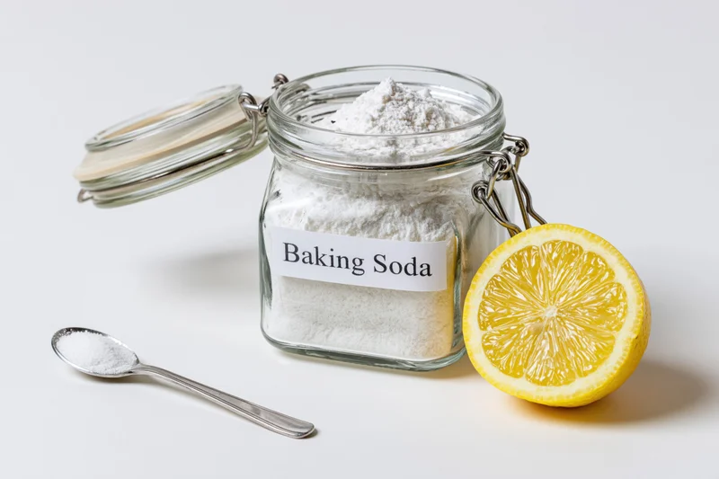 Baking soda in a glass jar with a lemon half and spoon on white background
