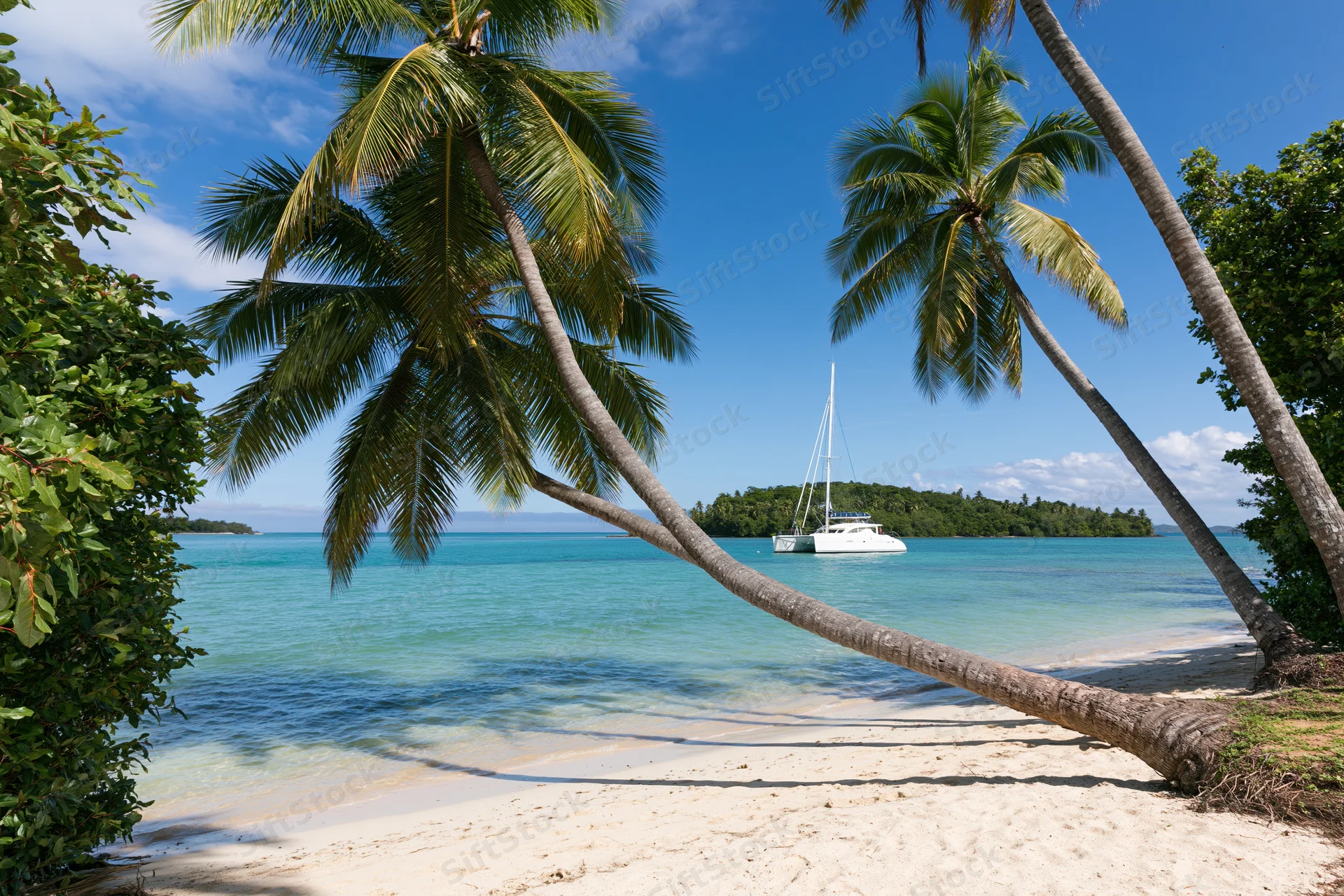 Palm trees framing a sandy beach with a white sailboat anchored in turquoise water near a tropical island