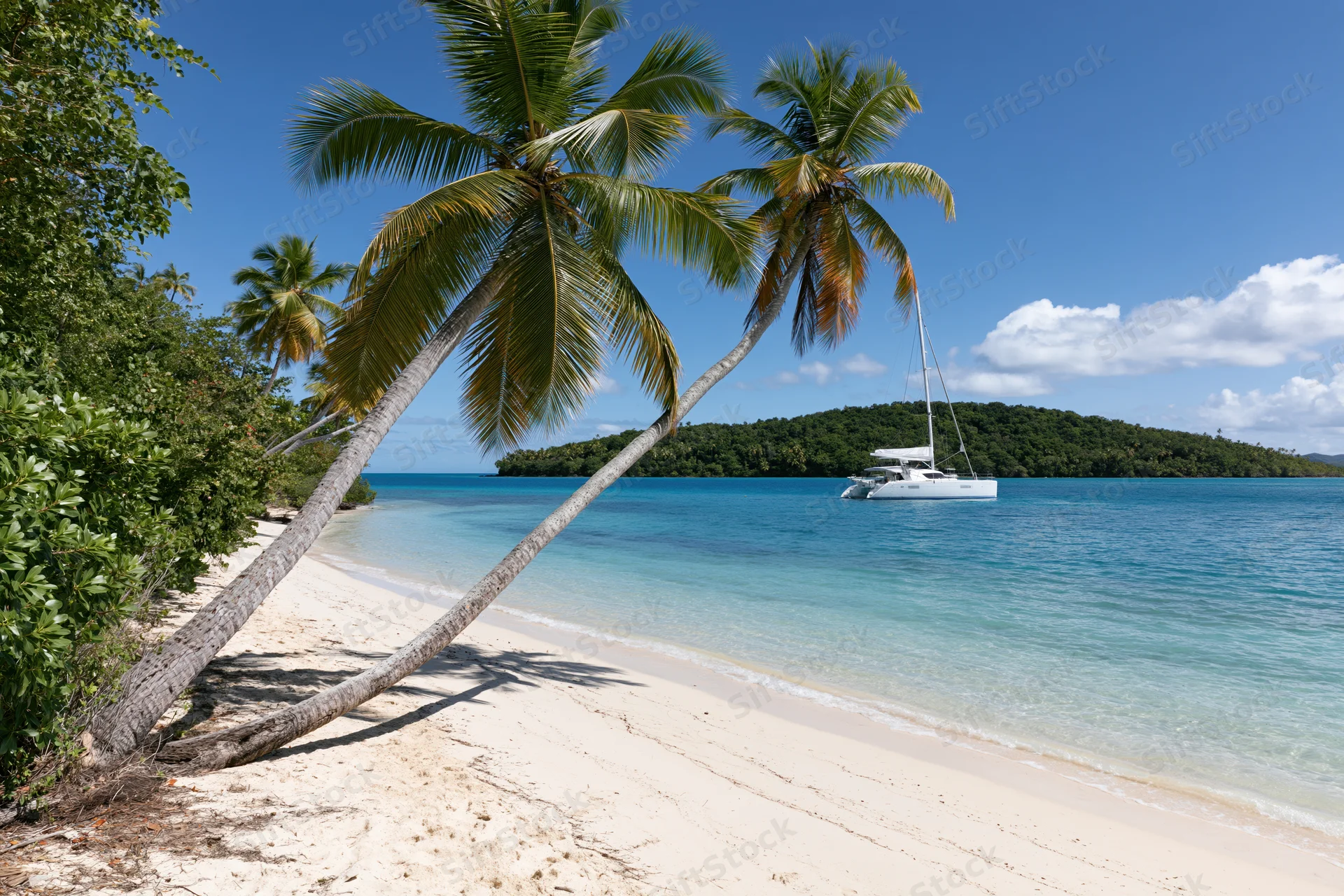 Palm trees leaning over white sand beach with catamaran anchored in turquoise water near tropical island