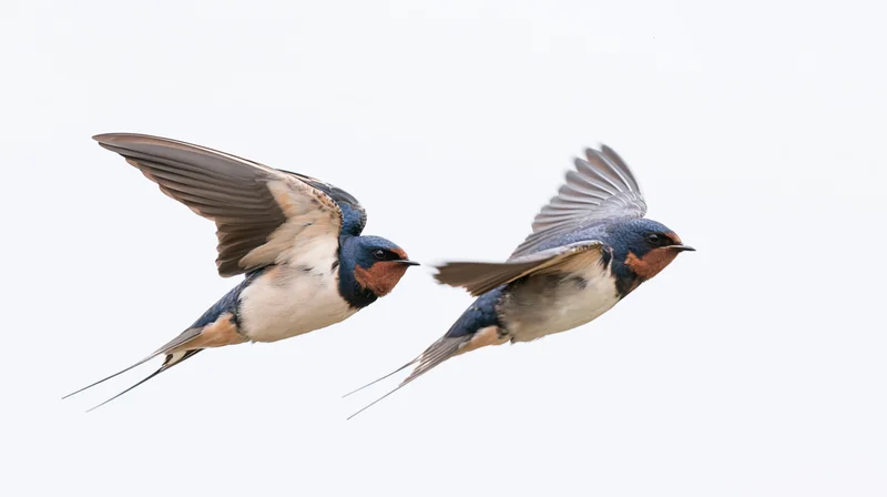 Two swallows in flight against a white background