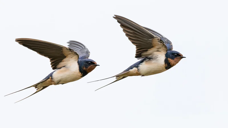 Two swallows in flight against a white background