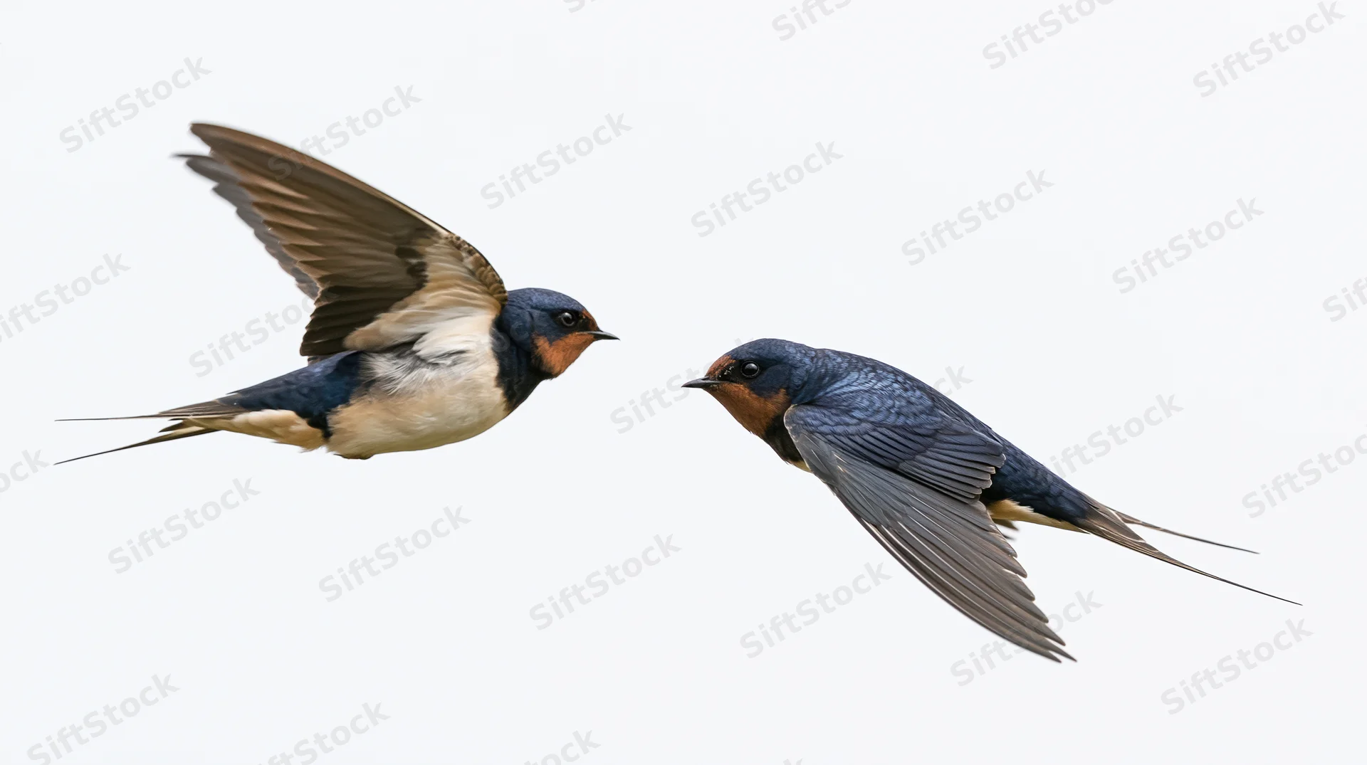 Two swallows in flight facing each other against a white background