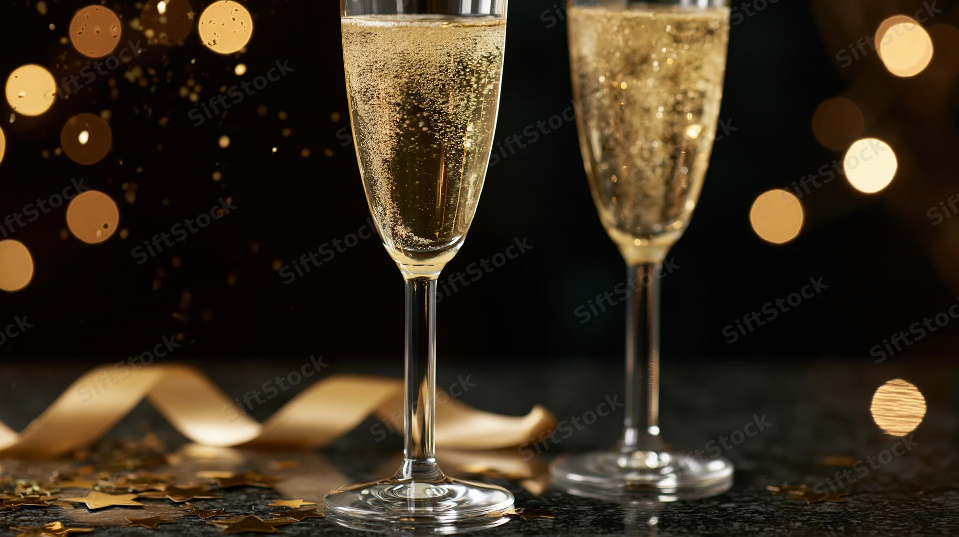 Two champagne glasses filled with sparkling drink on dark surface with golden confetti and ribbon, bokeh lights in background