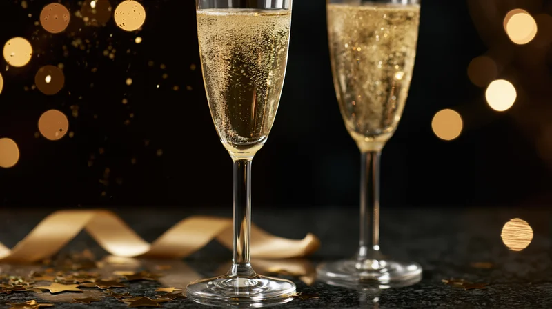 Two champagne glasses filled with sparkling drink on dark surface with golden confetti and ribbon, bokeh lights in background