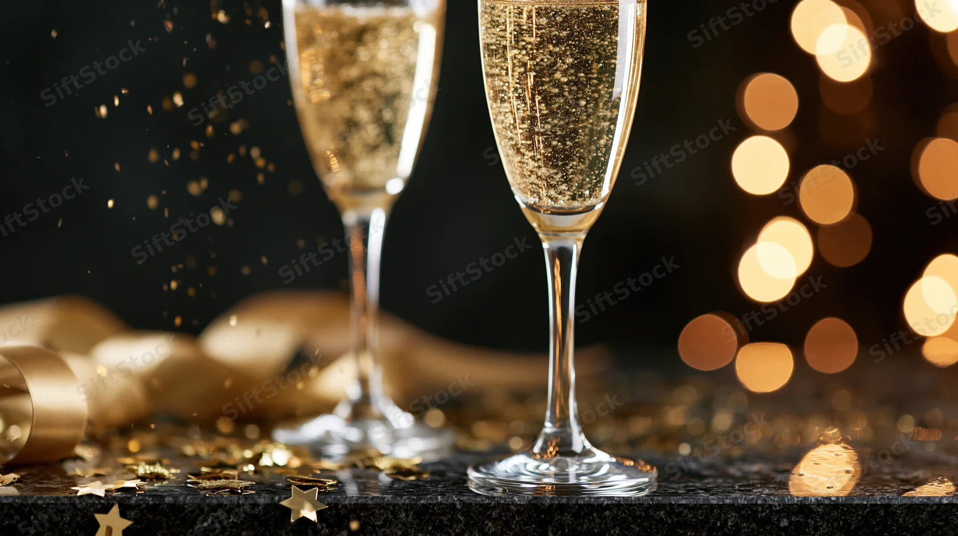 Two champagne glasses filled with sparkling drink on a dark surface surrounded by golden confetti and bokeh lights