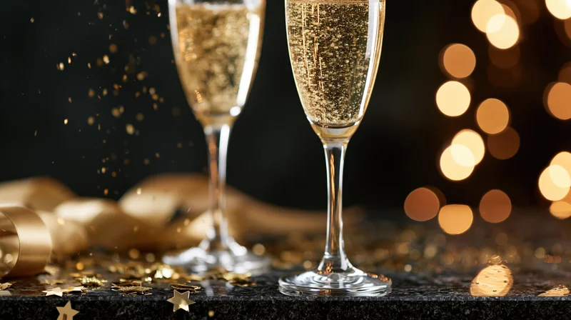 Two champagne glasses filled with sparkling drink on a dark surface surrounded by golden confetti and bokeh lights