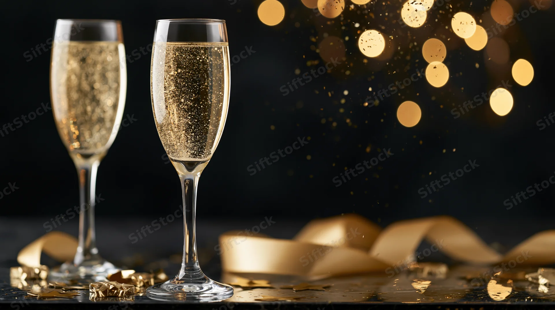 Two champagne glasses filled with sparkling drink on a dark surface with golden confetti and ribbon, illuminated by bokeh lights in the background