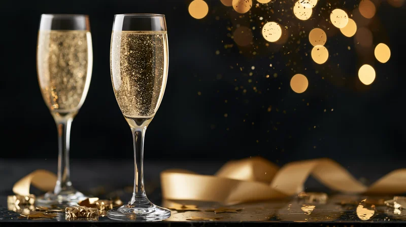 Two champagne glasses filled with sparkling drink on a dark surface with golden confetti and ribbon, illuminated by bokeh lights in the background