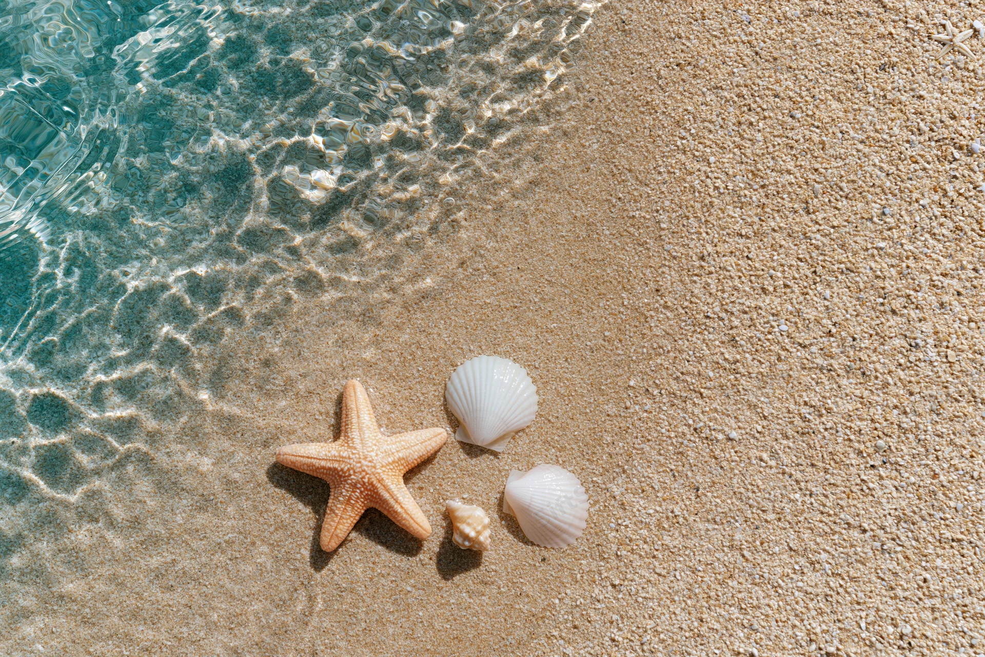 Starfish and seashells on sandy beach at water's edge