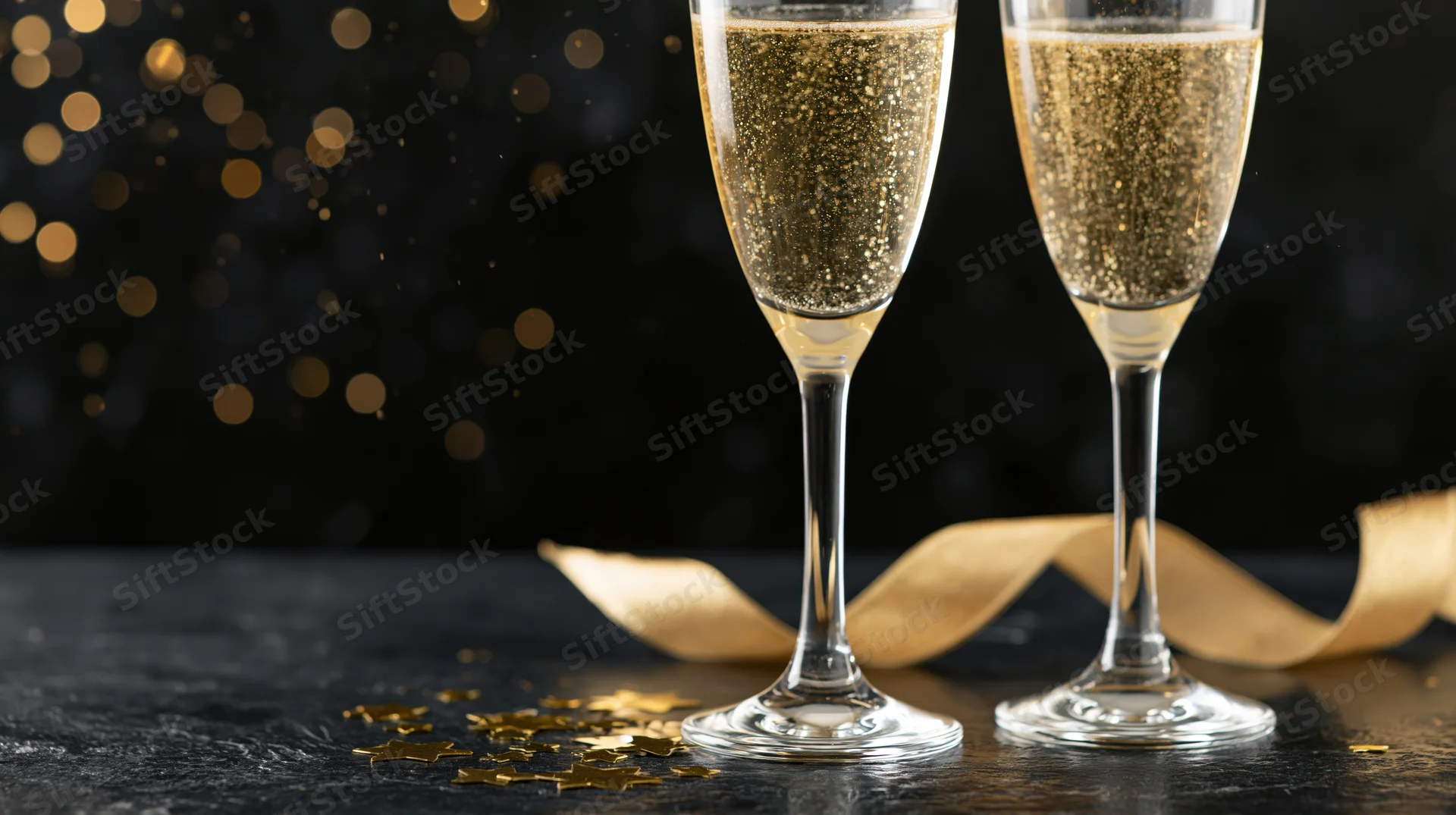 Two champagne glasses filled with sparkling golden drink on dark surface with golden ribbon and star-shaped confetti, festive holiday setting