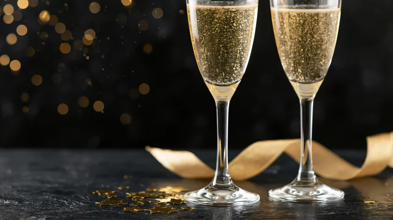 Two champagne glasses filled with sparkling golden drink on dark surface with golden ribbon and star-shaped confetti, festive holiday setting