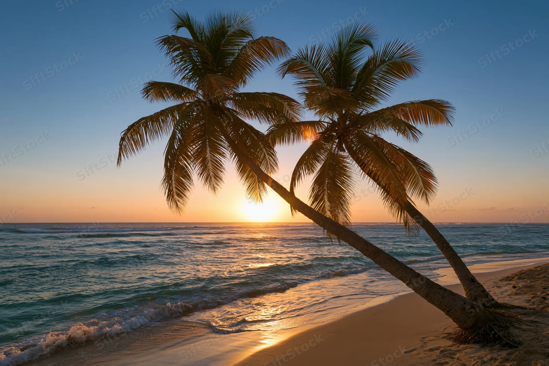 Two palm trees leaning over a sandy beach at sunset with ocean waves and golden sky