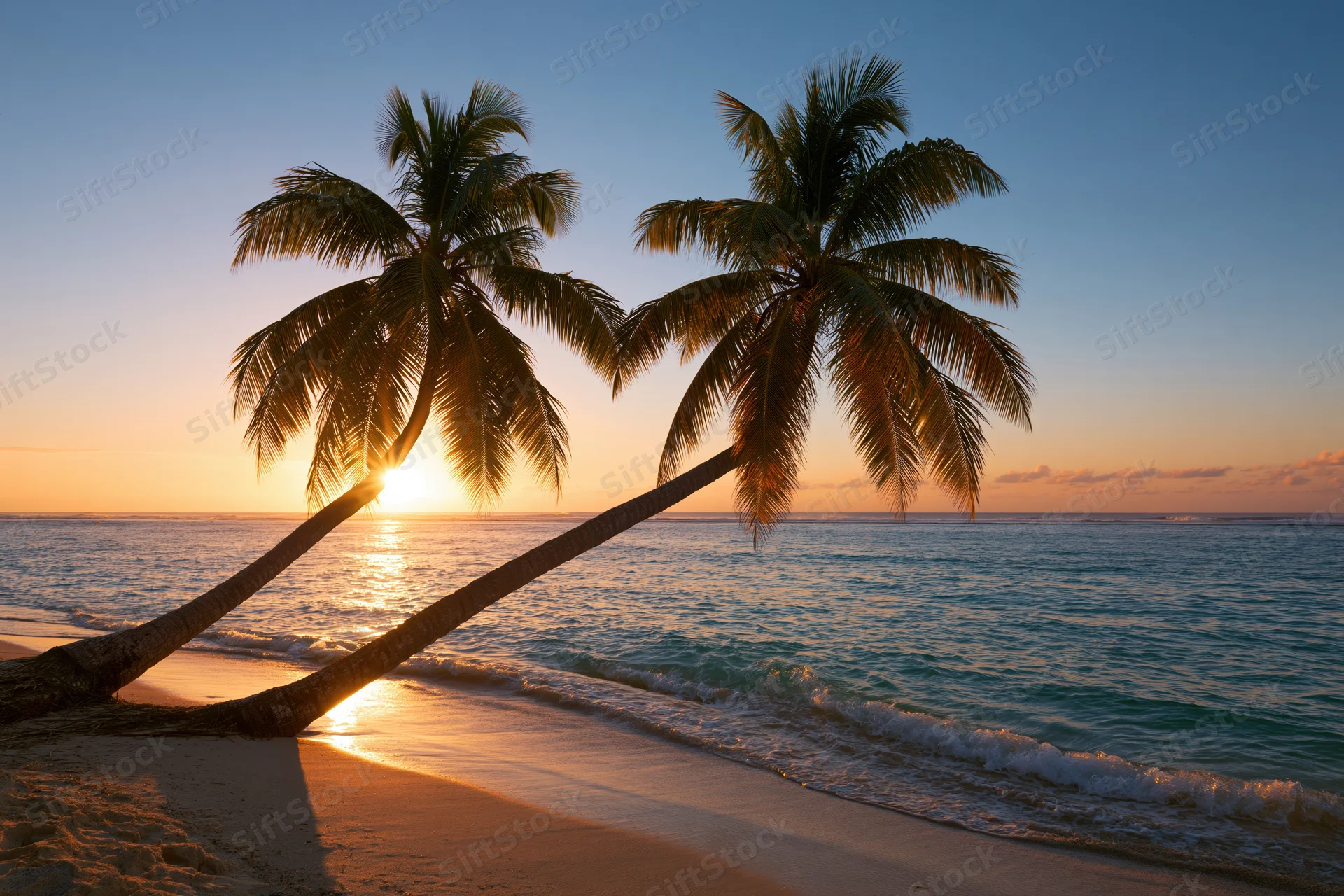 Two palm trees leaning over a sandy beach at sunset with ocean waves and golden sky