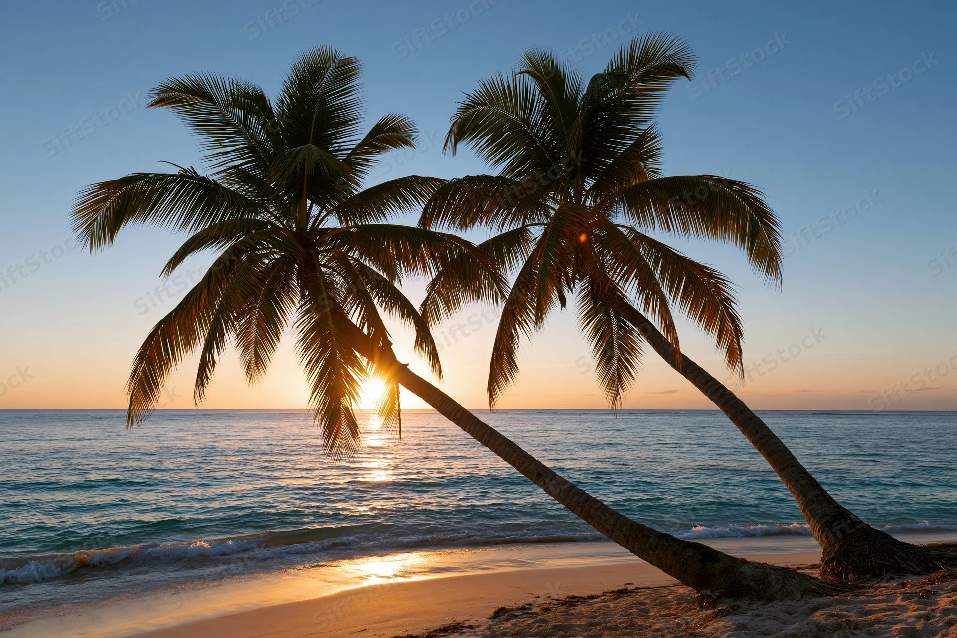 Two palm trees leaning over a sandy beach at sunset with ocean waves and golden sky