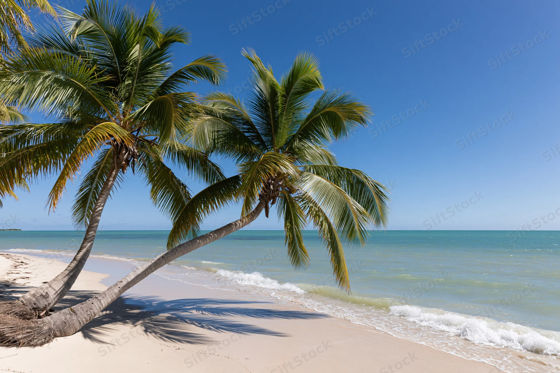 Two palm trees leaning over a sandy beach beside turquoise ocean waves under clear blue sky