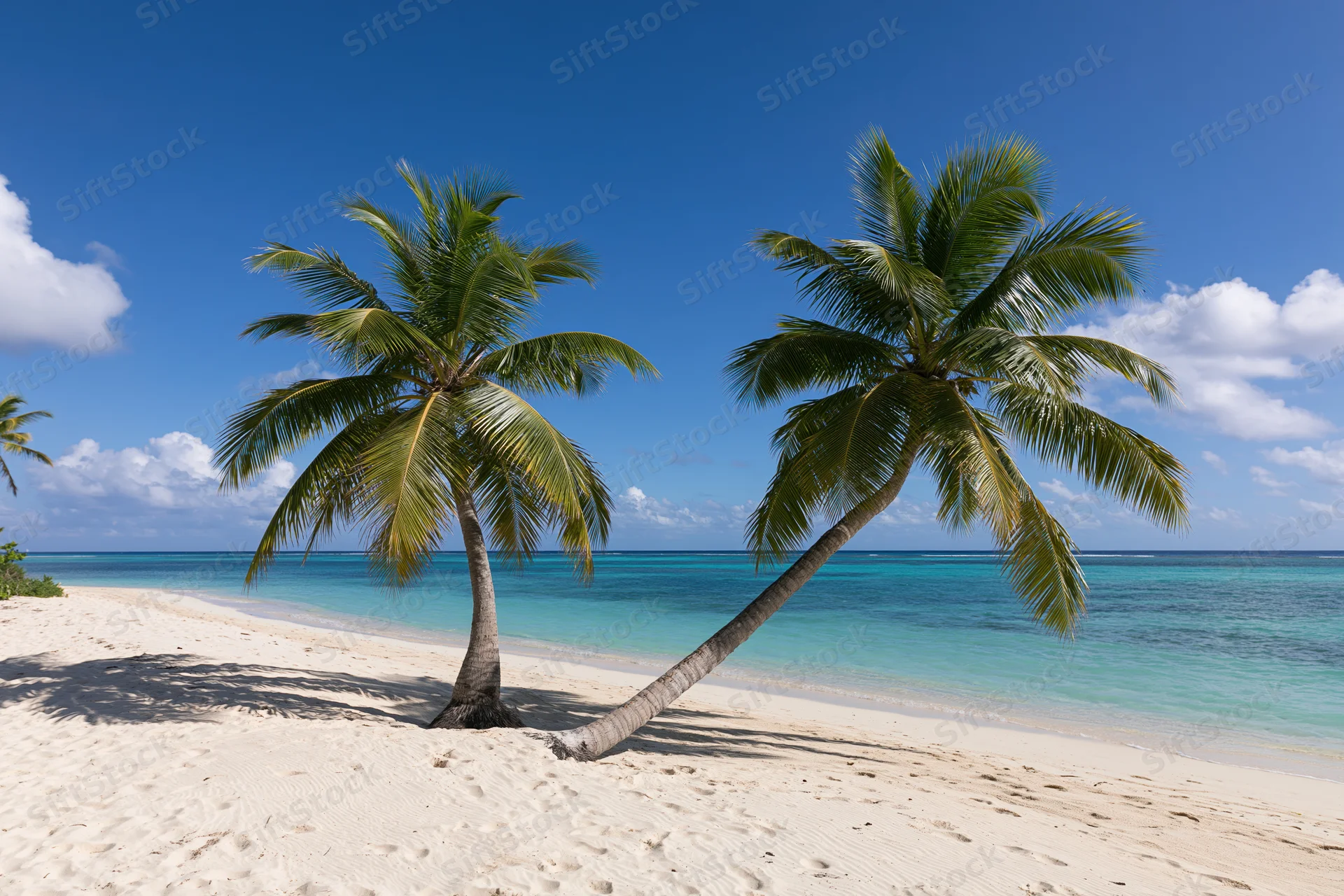 Two palm trees on a white sand beach beside turquoise ocean under blue sky