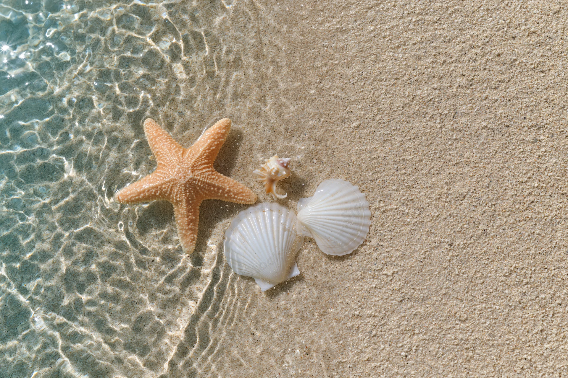 Starfish and seashells on sandy beach at water's edge
