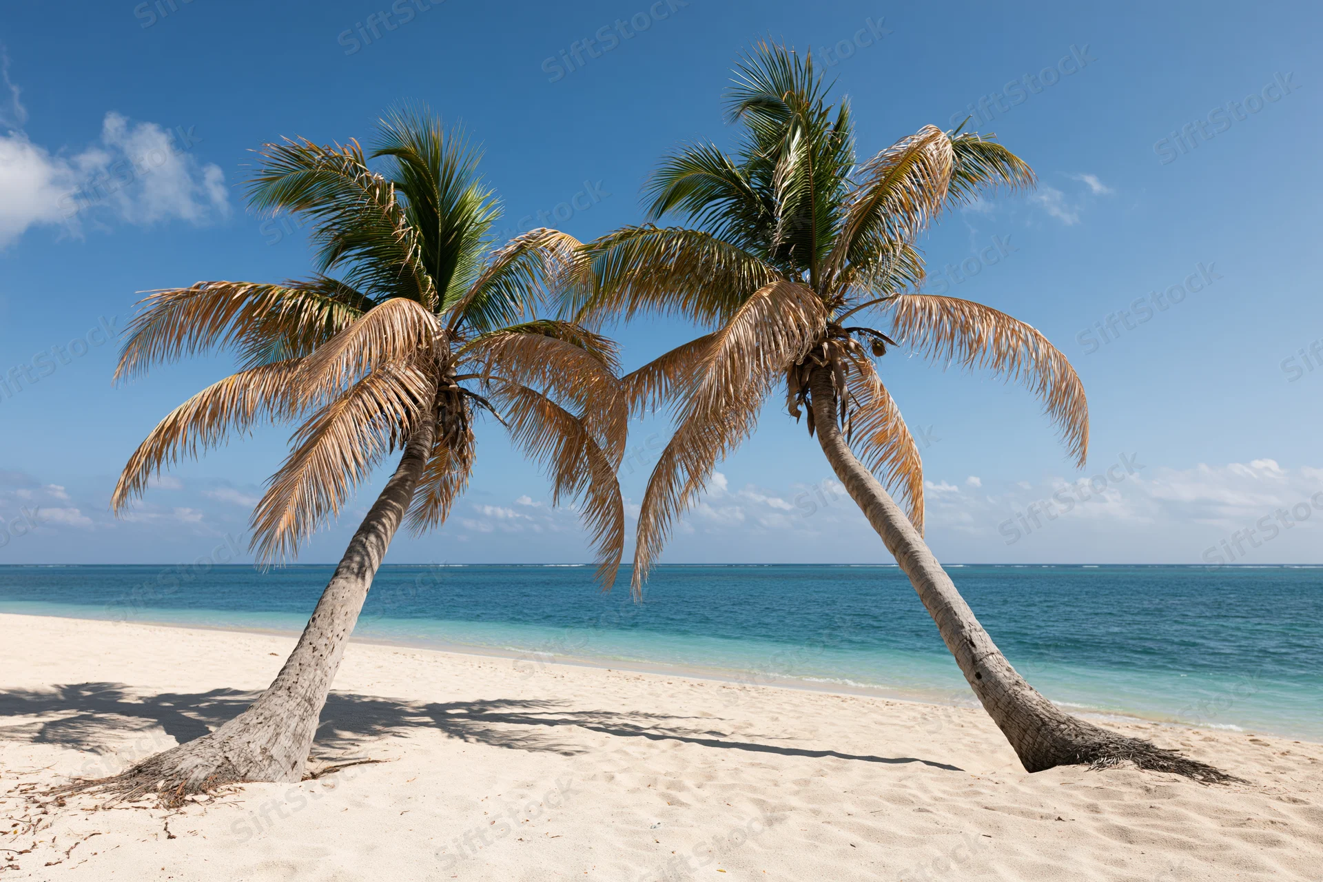 Two palm trees leaning on a sandy beach beside turquoise ocean under clear blue sky