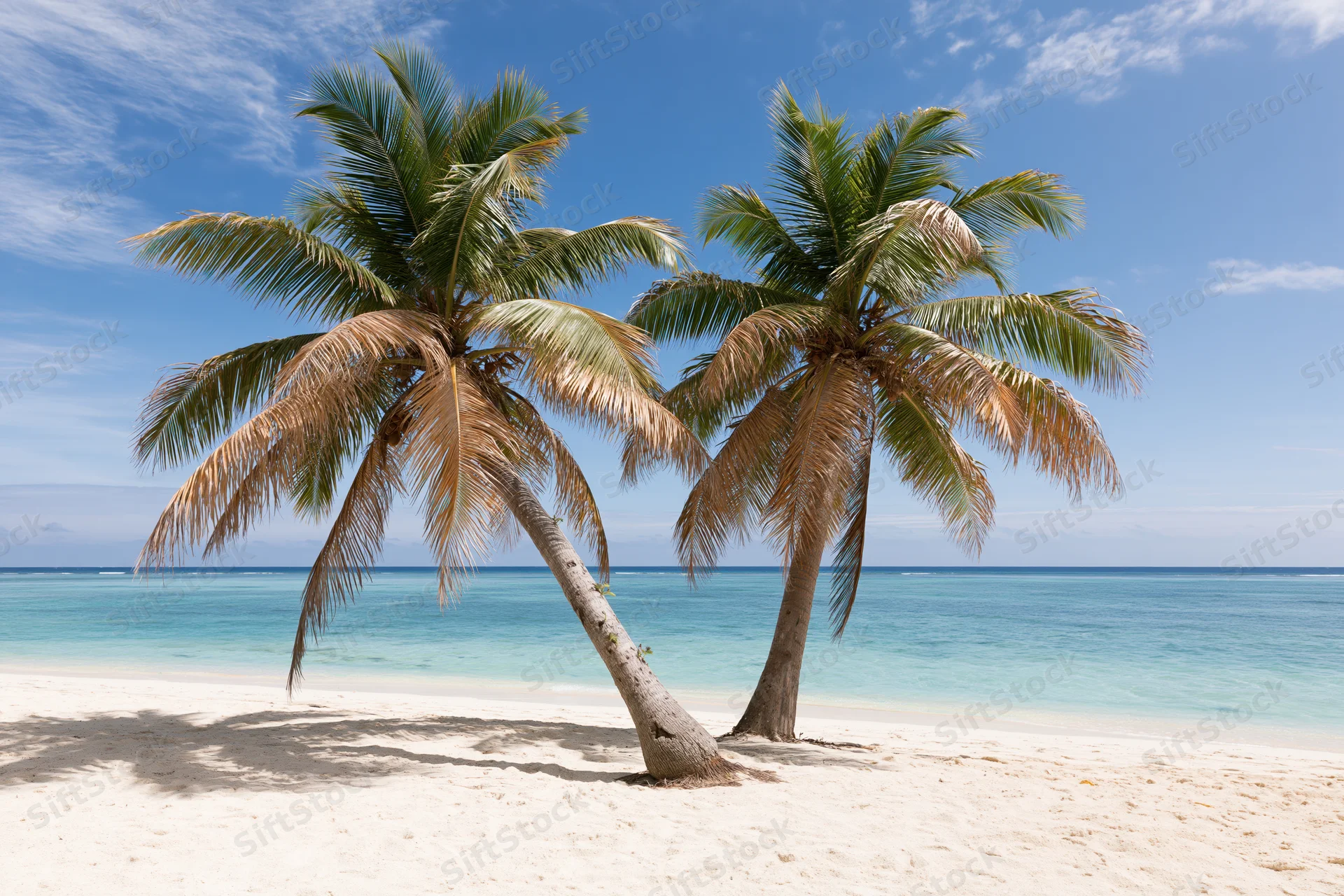 Two palm trees on a white sand beach beside turquoise ocean under blue sky