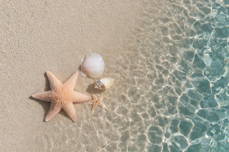Starfish and seashells on sandy beach beside clear shallow water