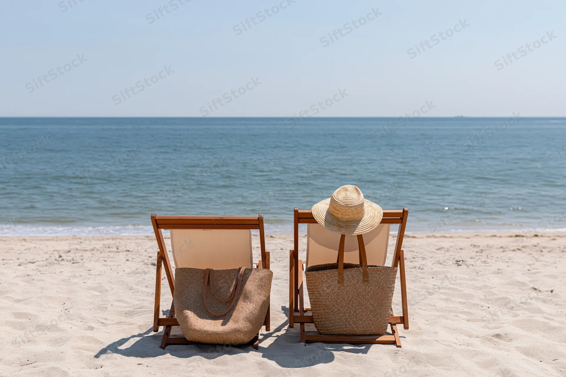 Two beach chairs with straw hat and tote bag on sandy shore facing ocean