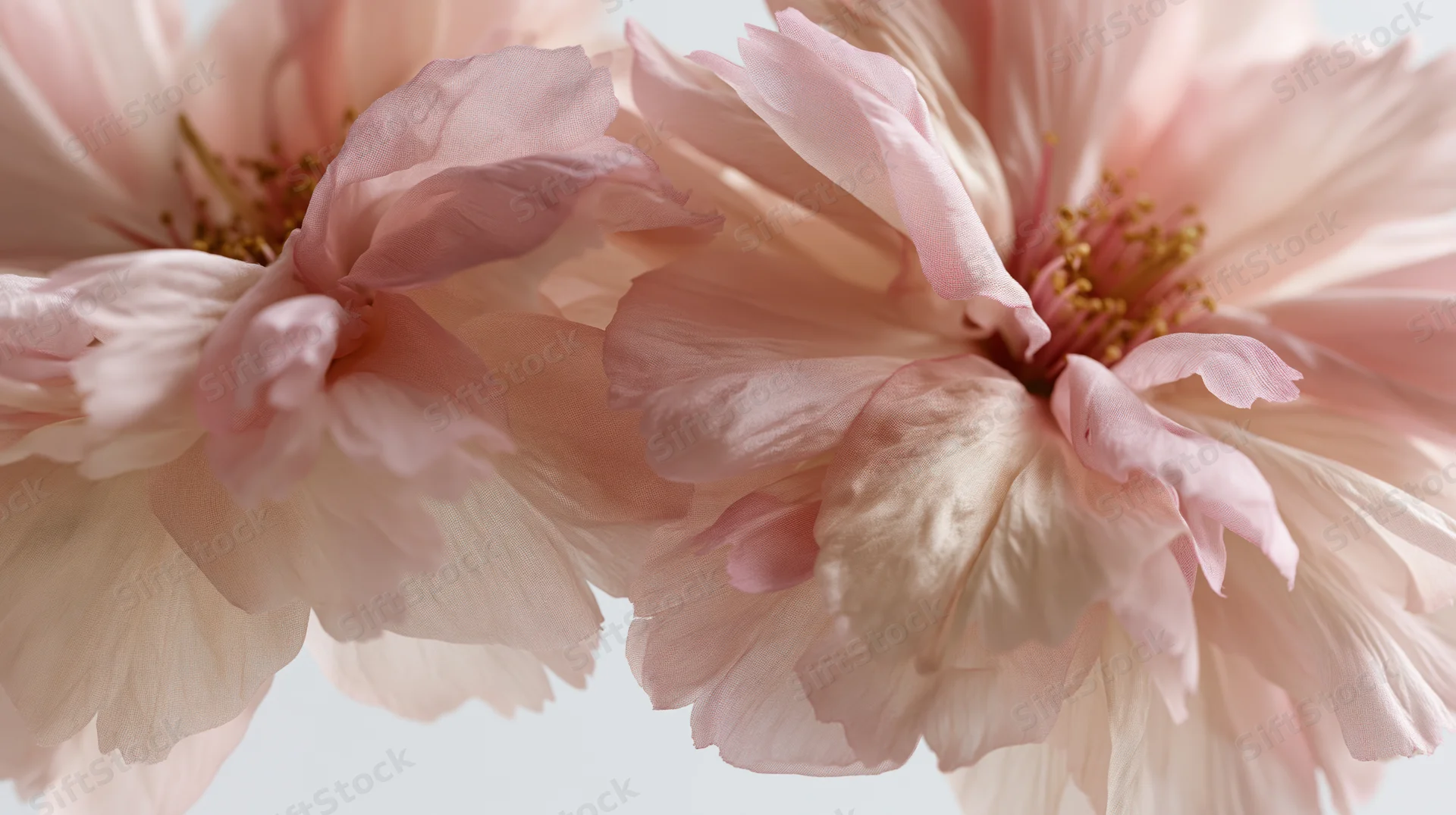 Closeup of soft pink blossoms with delicate petals against a light background