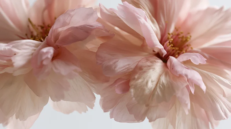 Closeup of soft pink blossoms with delicate petals against a light background