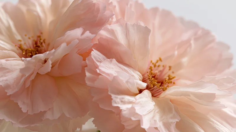 Closeup of two soft pink roses with visible stamens and layered petals against a light background
