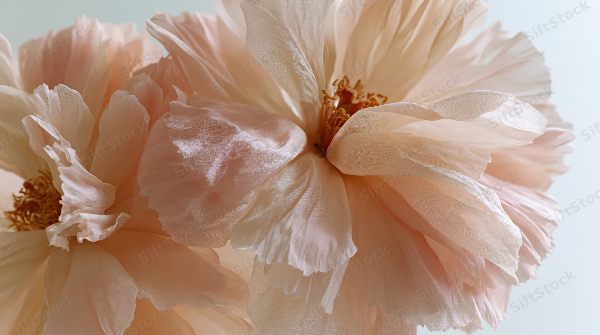 Closeup of soft pink peony blooms with ruffled petals and visible stamens against a light background