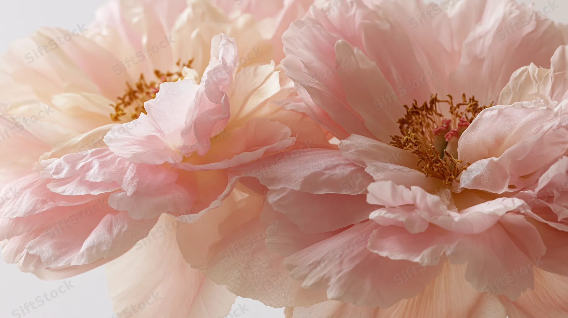 Closeup of soft pink peonies in full bloom against a white background