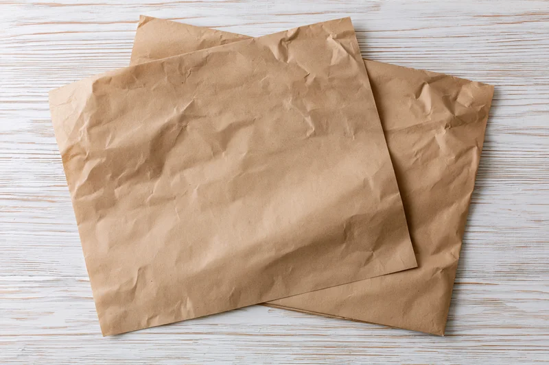 Two crumpled brown paper sheets on a white wooden surface