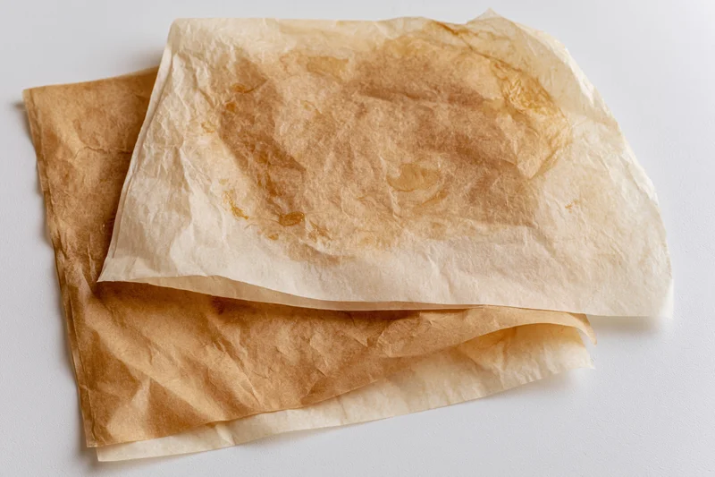 Crumpled brown parchment paper with grease stains on white surface