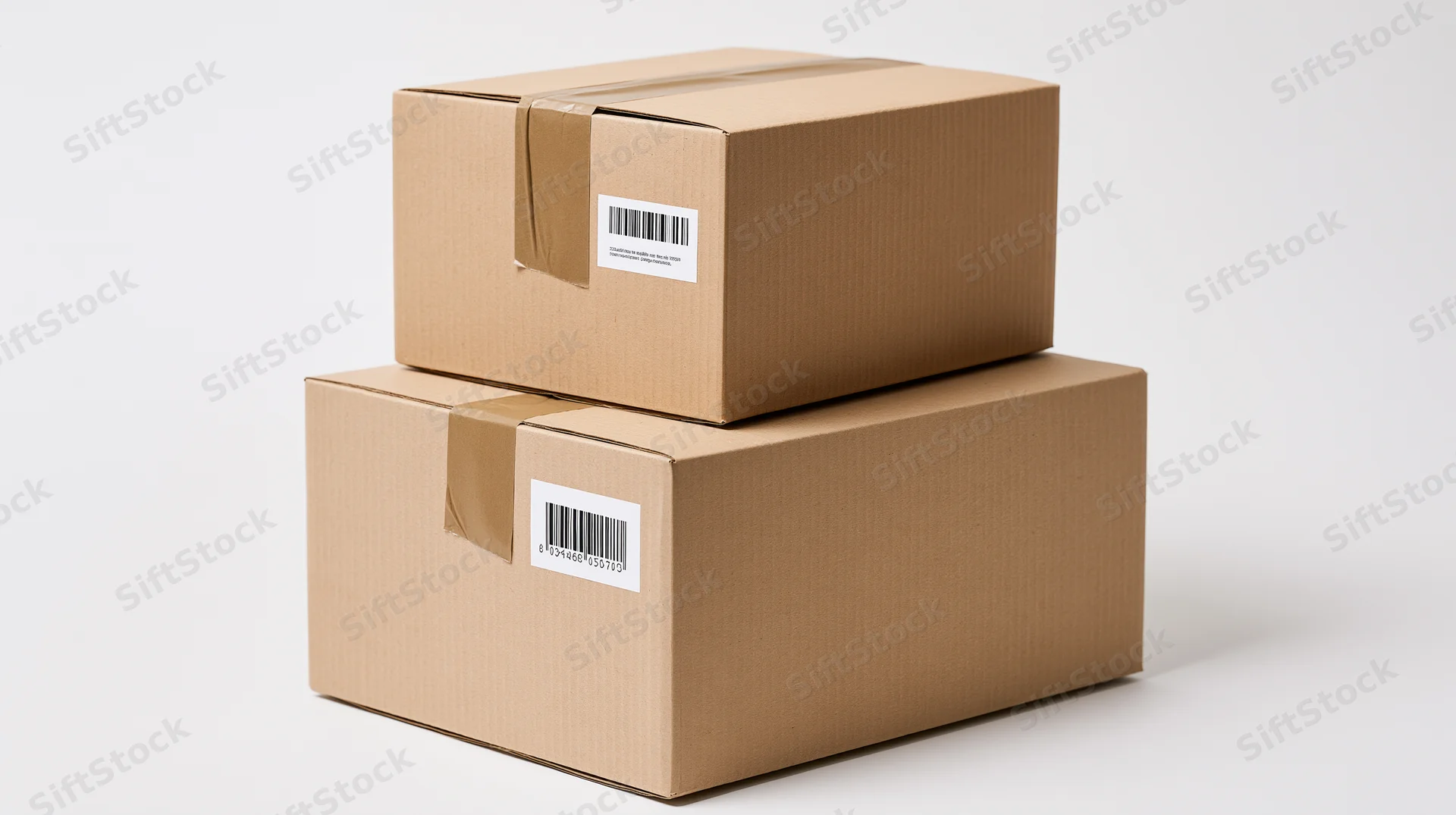 Two cardboard boxes stacked on a white surface with barcode labels and tape
