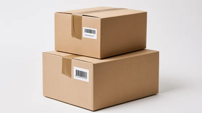 Two cardboard boxes stacked on a white surface with barcode labels and tape