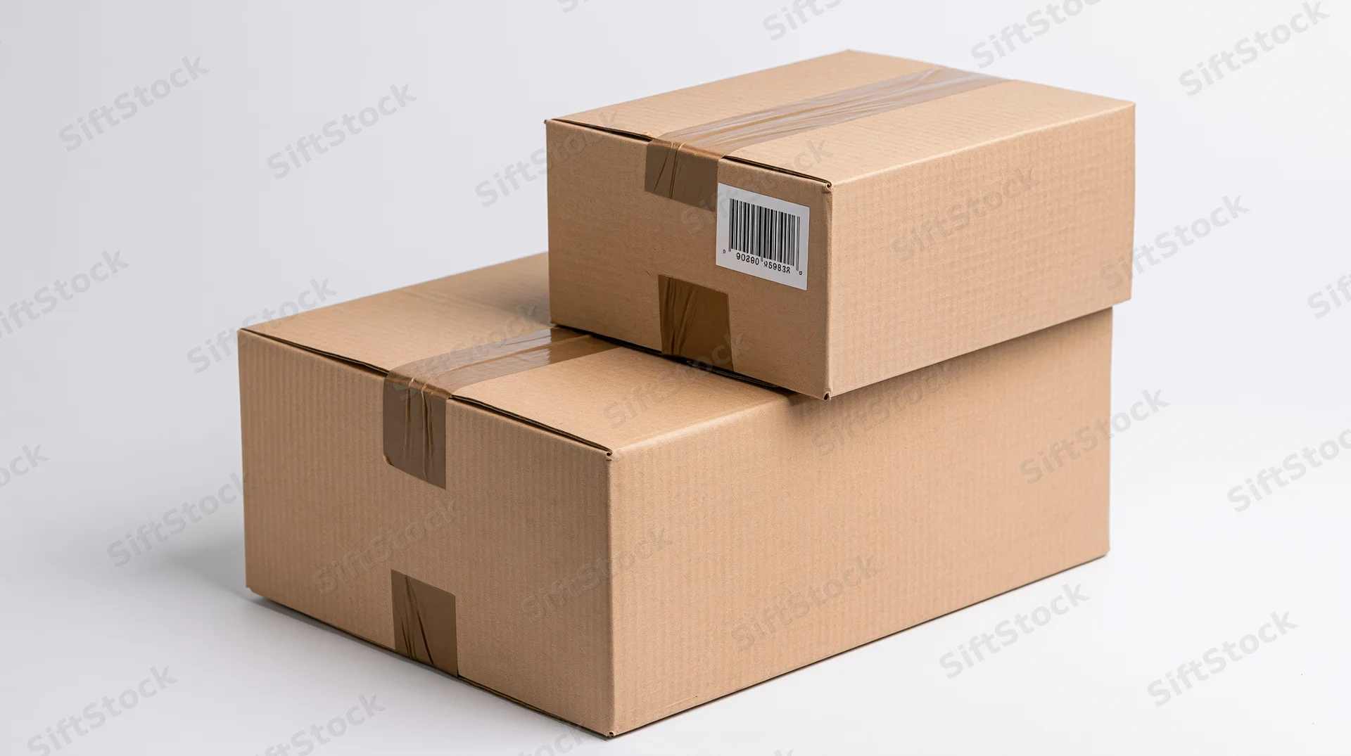Two cardboard boxes stacked with tape and barcode labels on white background