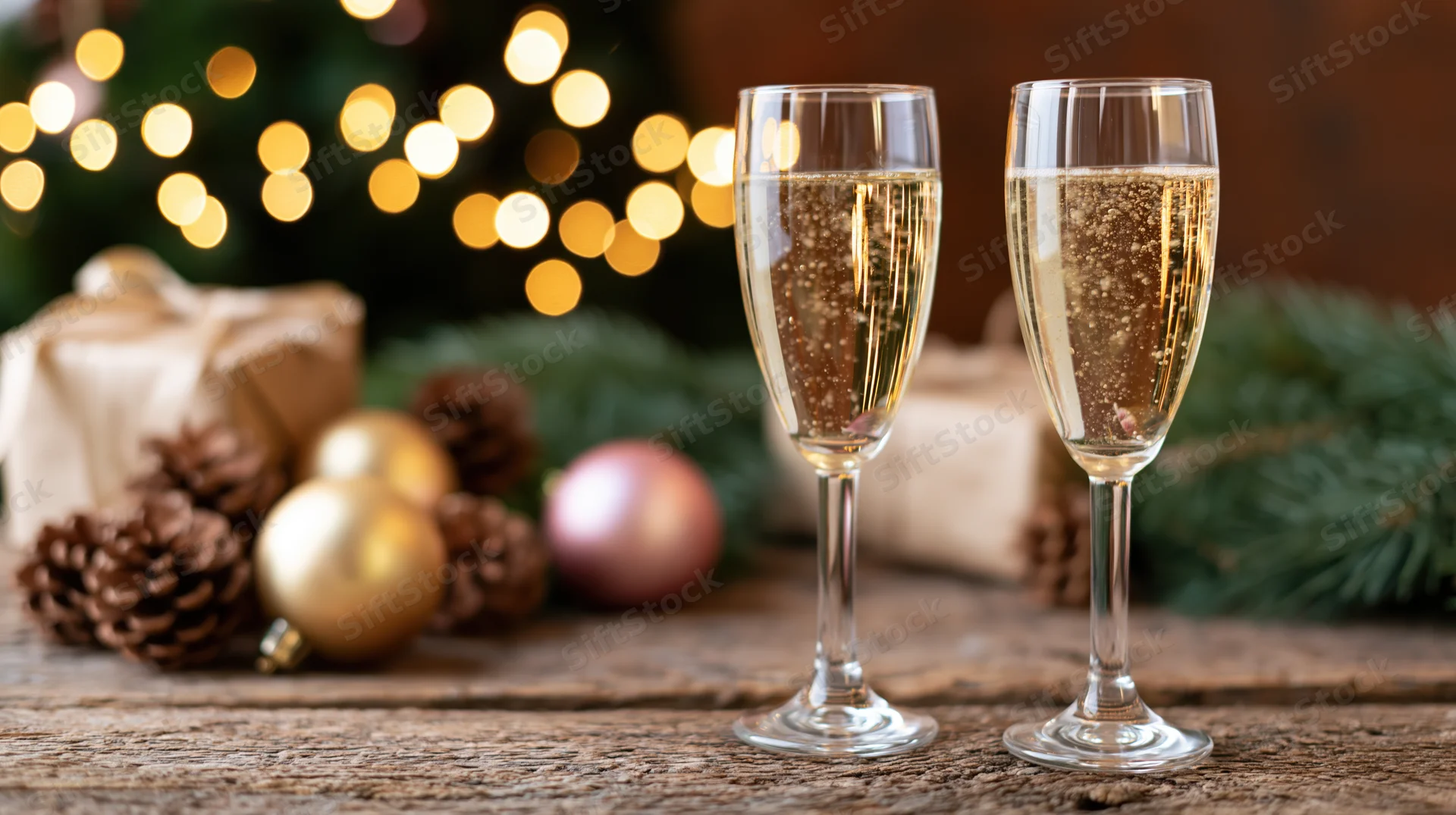 Two champagne glasses with sparkling drink on rustic wooden table with christmas decorations