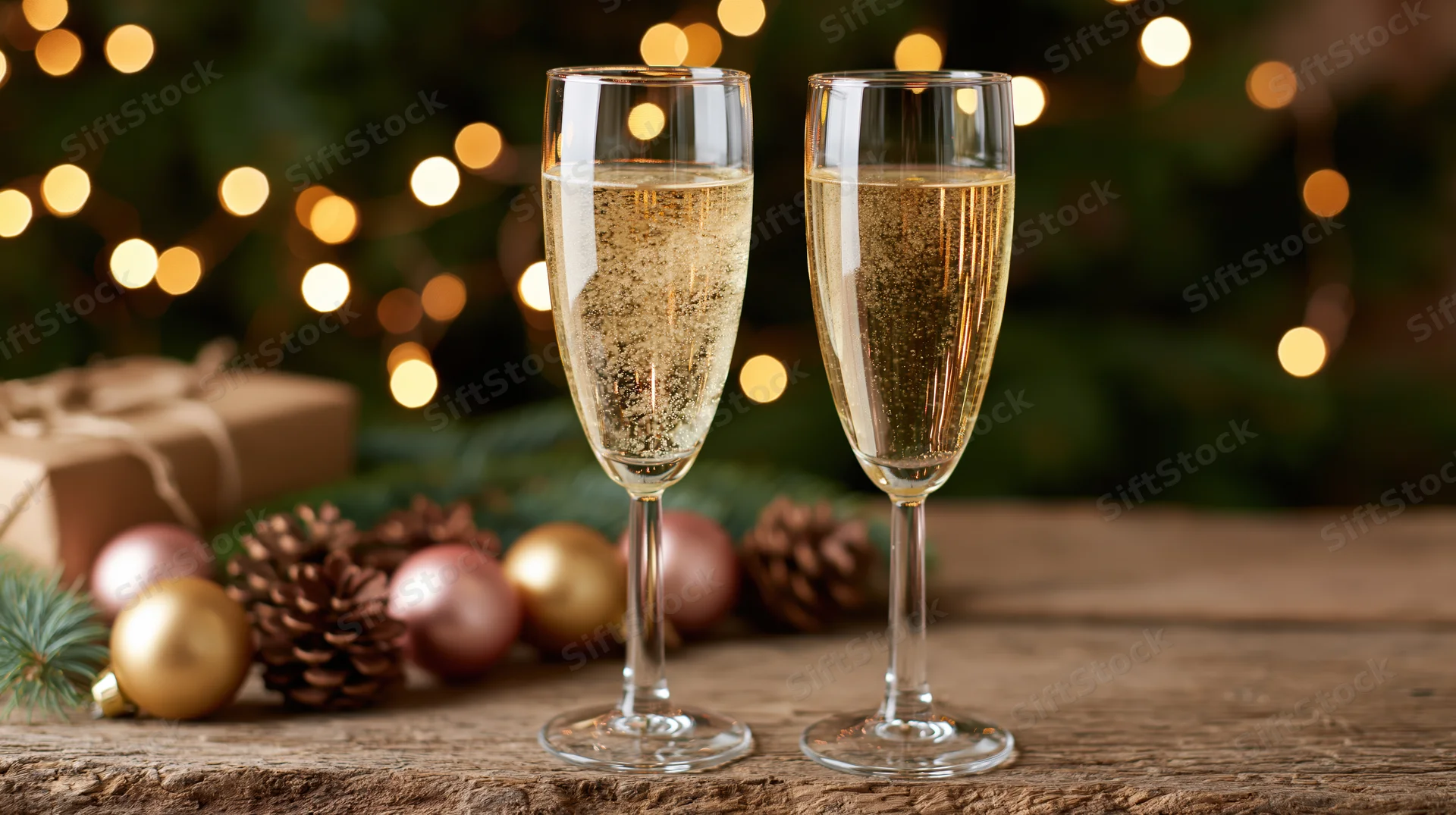 Two champagne glasses filled with sparkling wine on a wooden table surrounded by christmas ornaments and lights