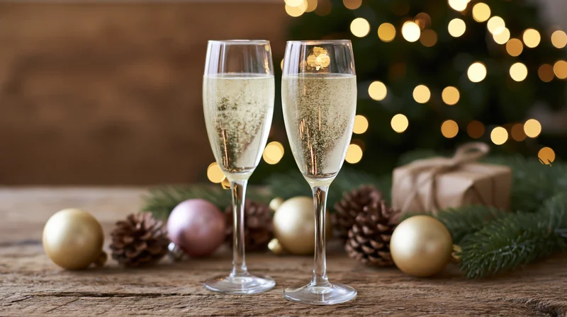 Two champagne glasses filled with sparkling drink on wooden table surrounded by christmas decorations and lights
