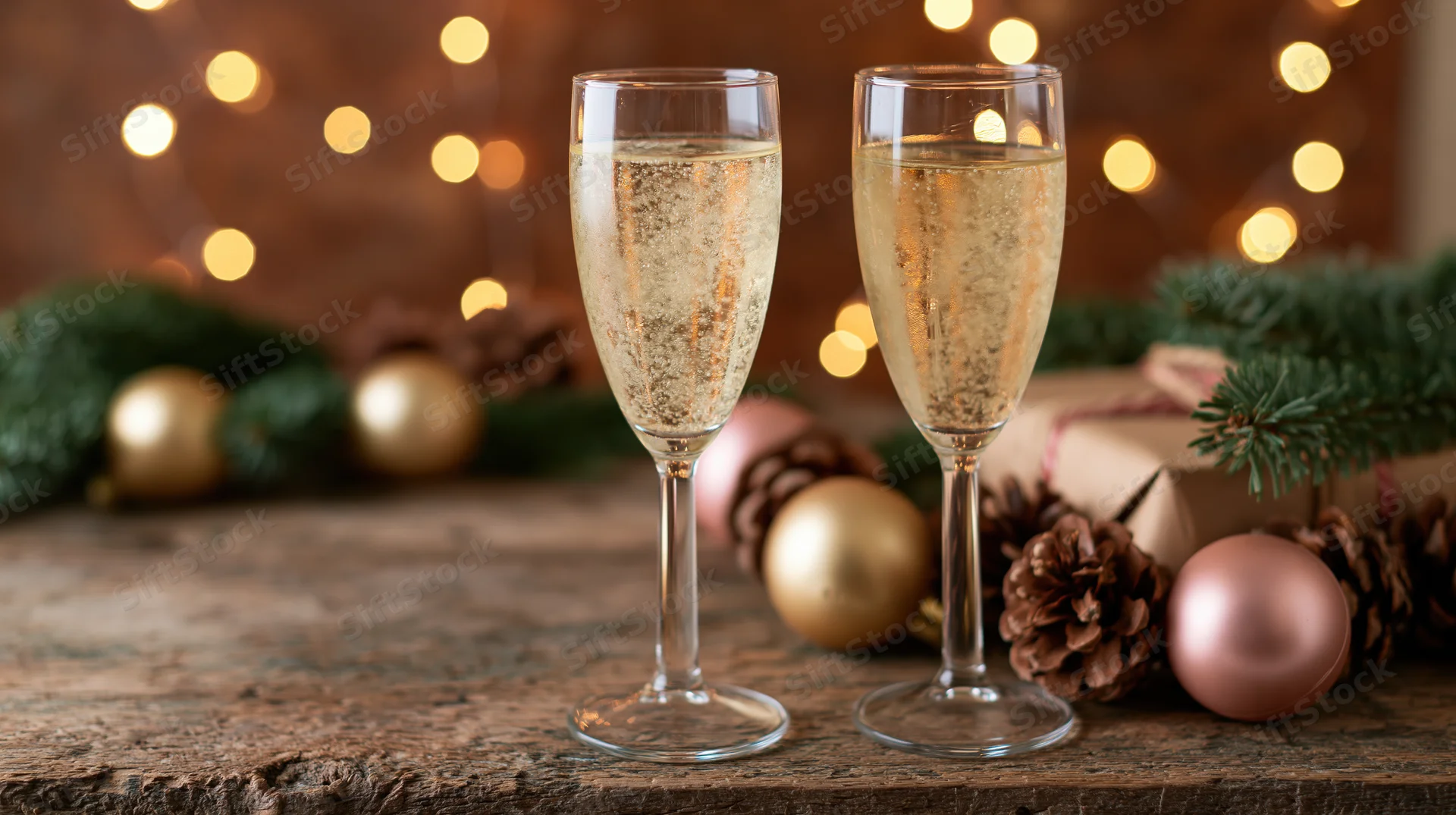 Two champagne glasses filled with bubbly drink on a rustic wooden table surrounded by holiday decorations and warm bokeh lights