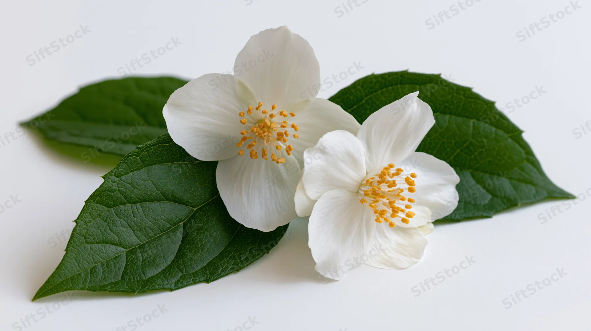 Two white jasmine flowers with green leaves arranged on a white surface
