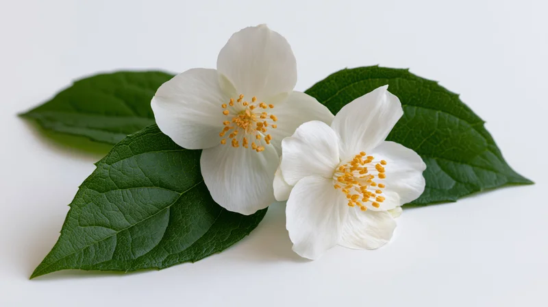 Two white jasmine flowers with green leaves arranged on a white surface
