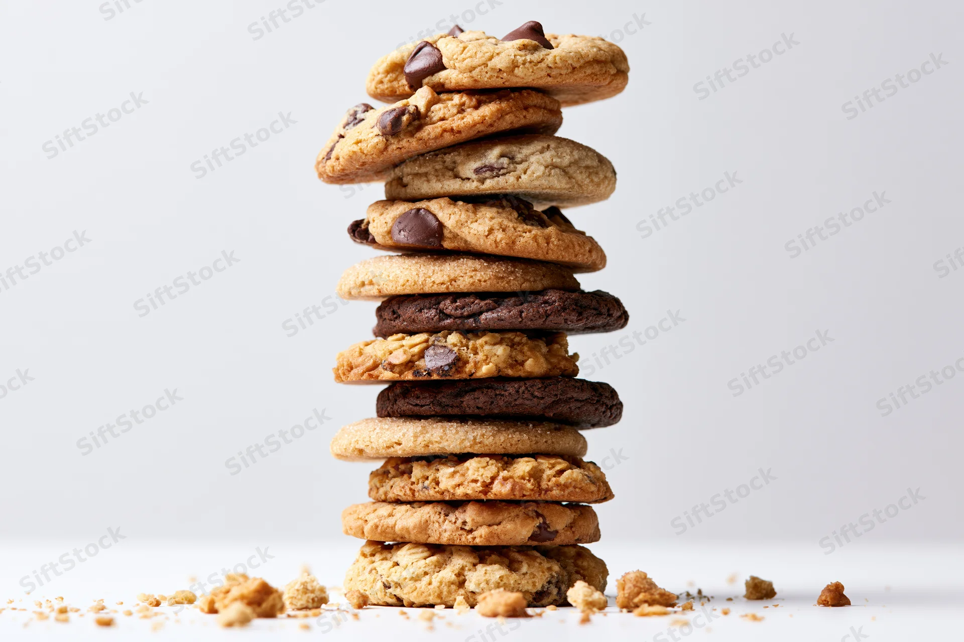 Stack of chocolate chip and oatmeal cookies with crumbs on white surface