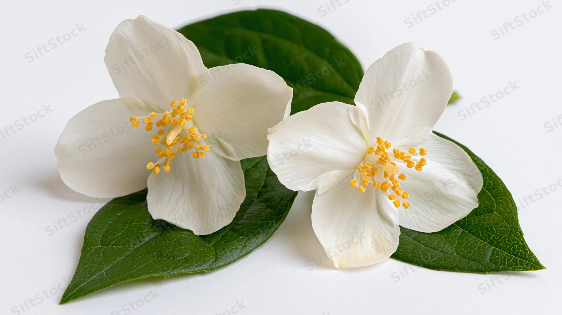 Two white jasmine flowers with green leaves on a white background