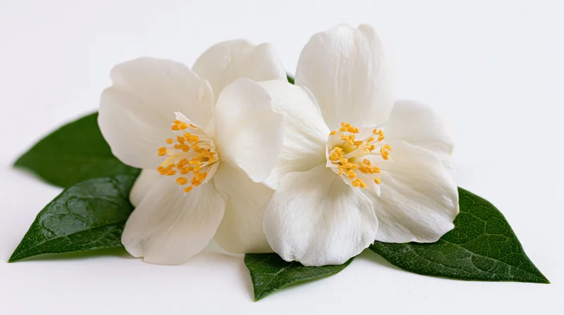 Two white jasmine flowers with green leaves arranged on a white surface