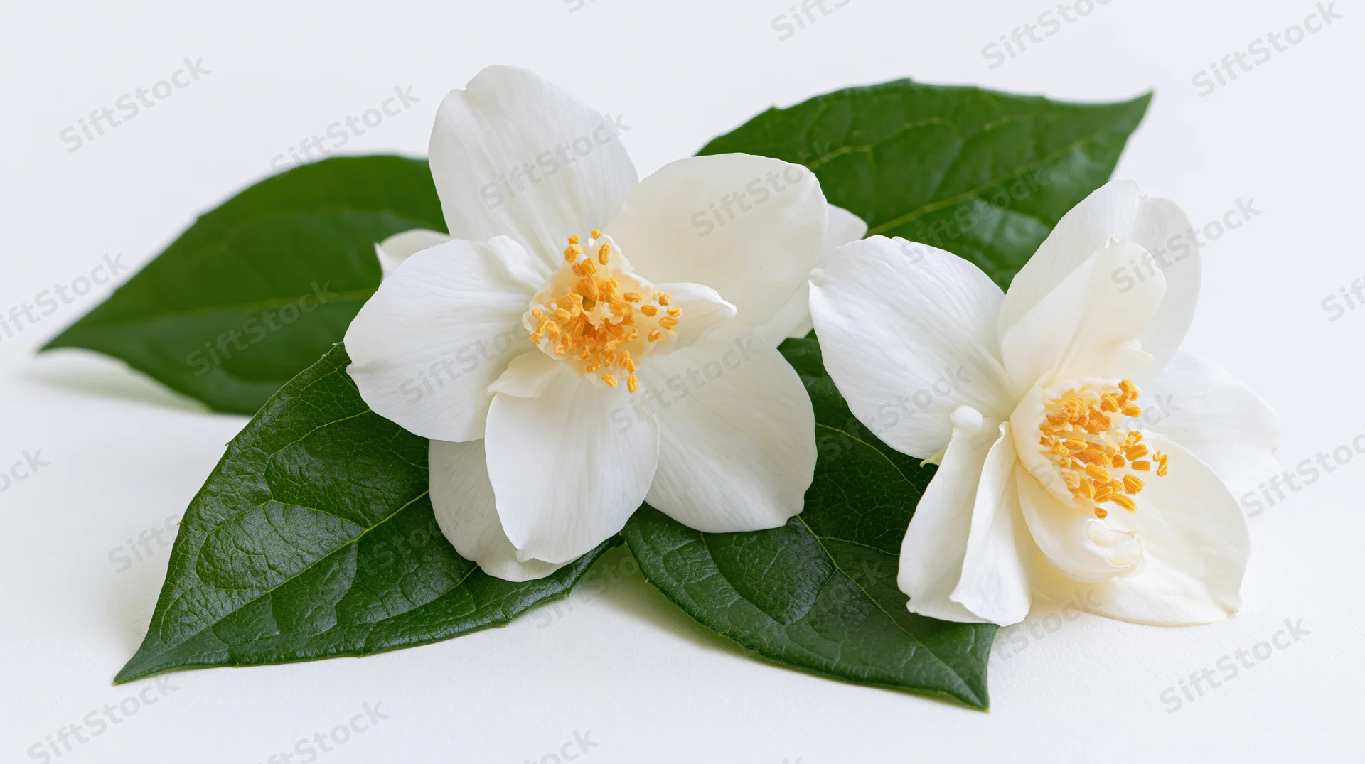 Two white jasmine flowers with green leaves arranged on a white surface