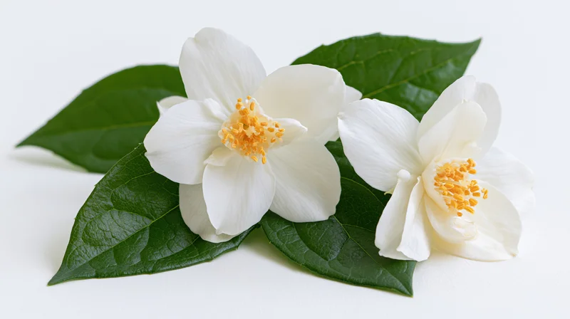Two white jasmine flowers with green leaves arranged on a white surface