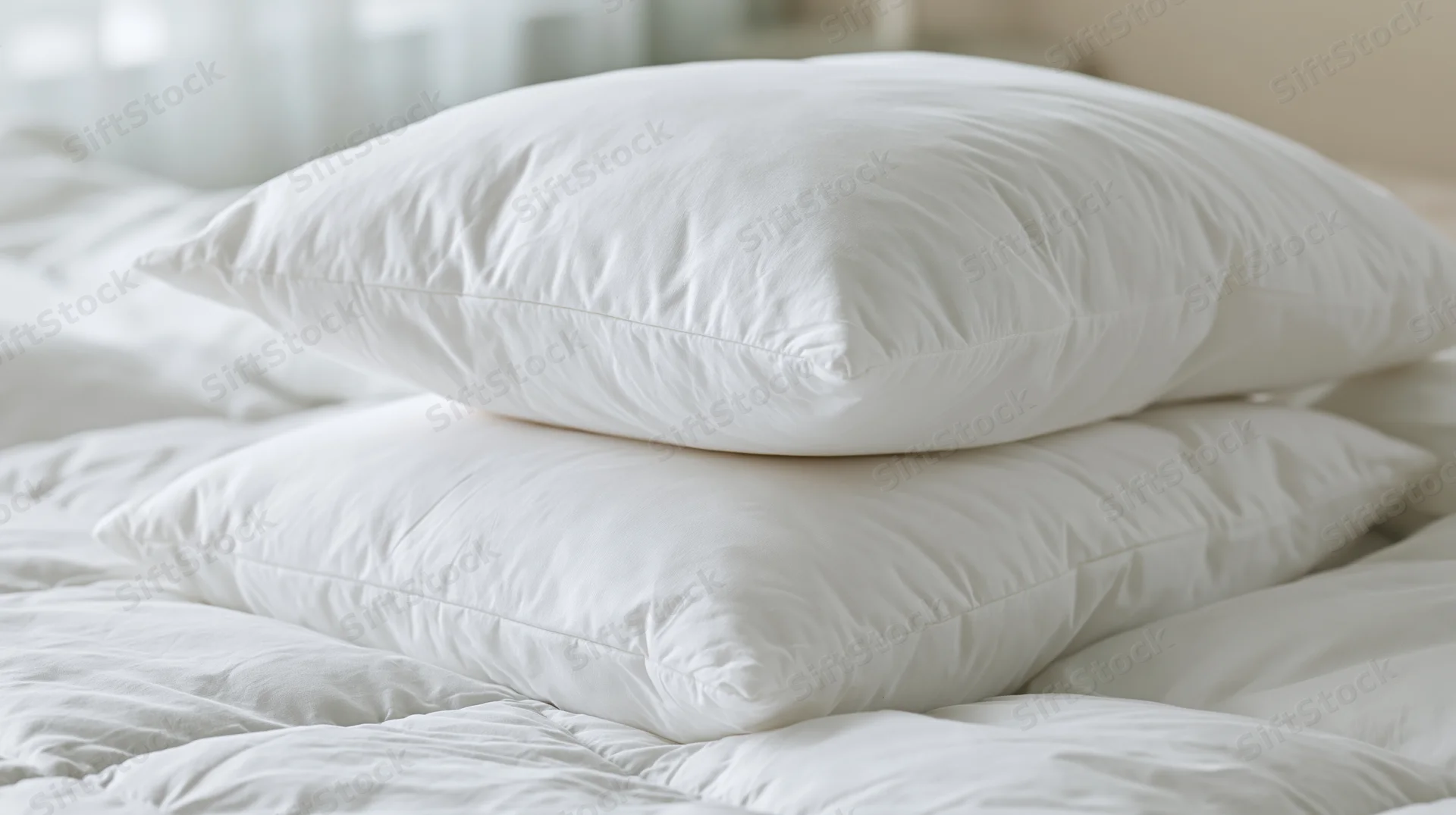 Stack of white pillows on a bed in a bedroom