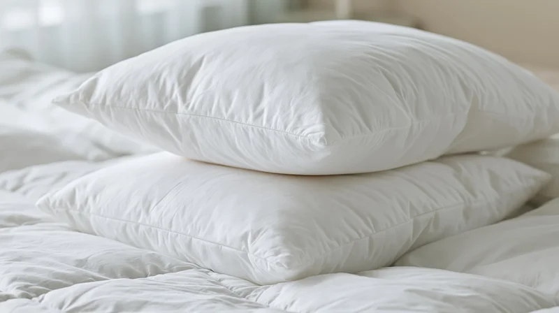 Stack of white pillows on a bed in a bedroom