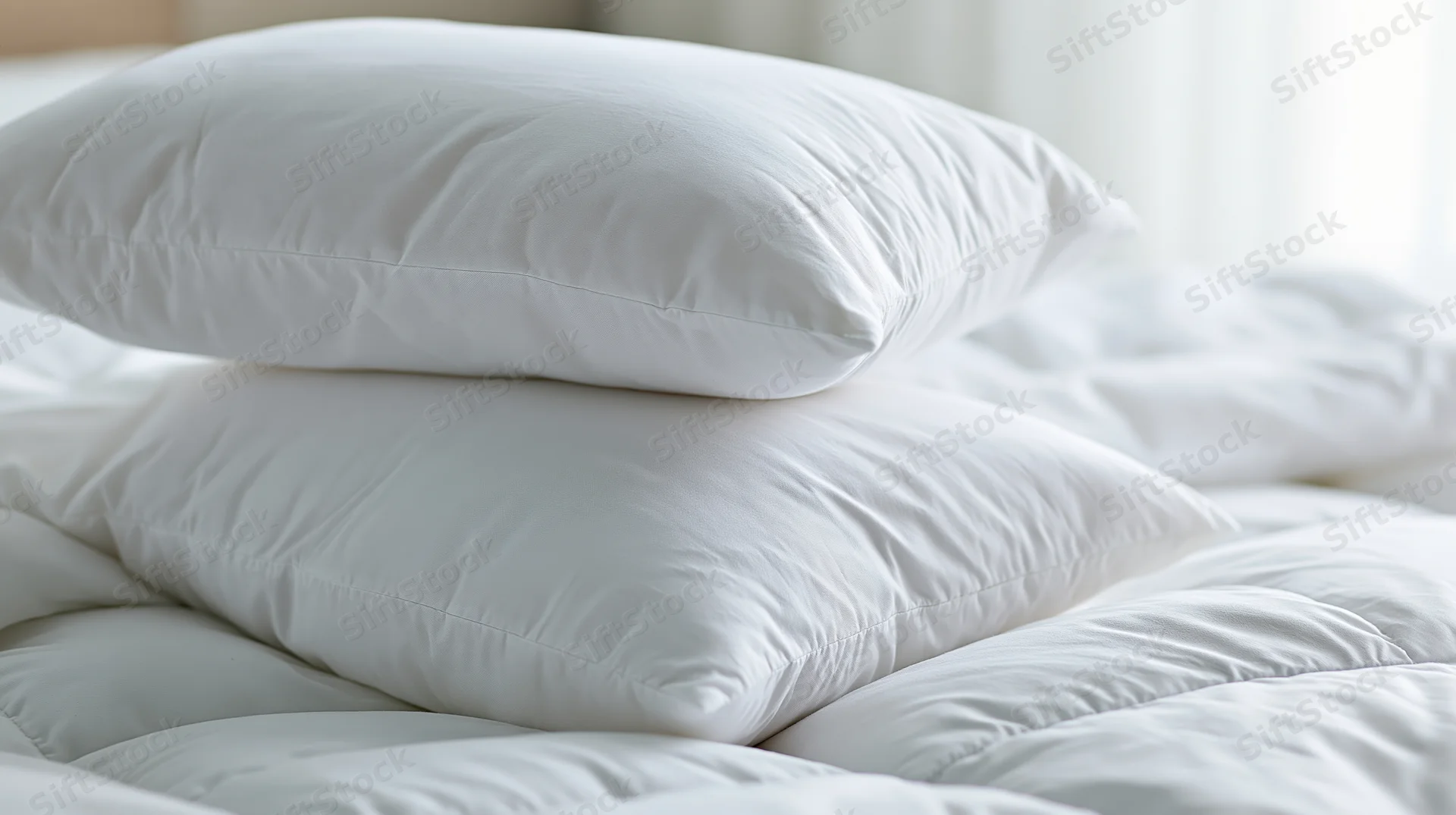 Two white pillows stacked on a bed with crumpled duvet in a bright bedroom
